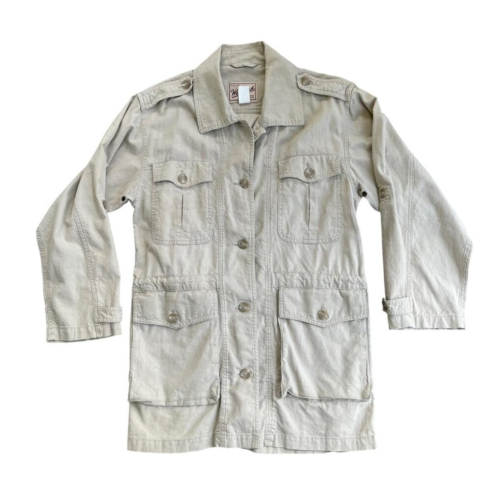 Woolrich Women’s Tan Linen Blend Utility Jacket SZ M Lightweight Button Down